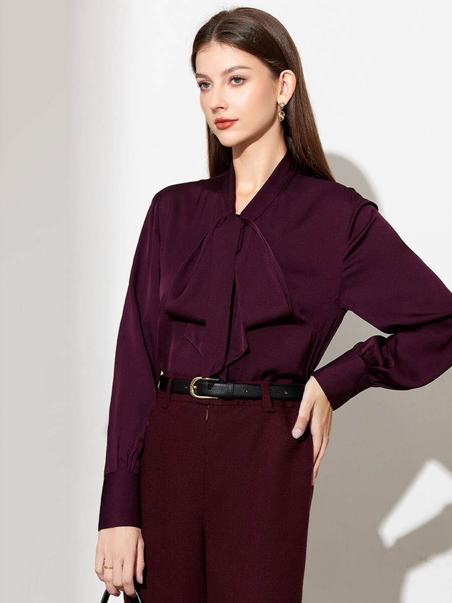 Stretchable Mulberry Silk Bow-Tie Long Sleeve Women Silk Blouse