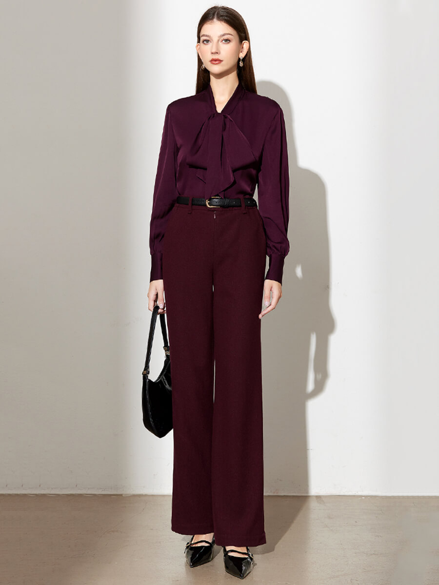 Stretchable Mulberry Silk Bow-Tie Long Sleeve Women Silk Blouse