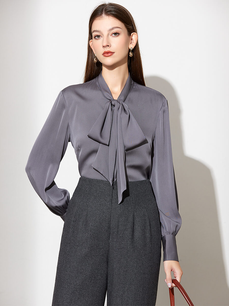 Stretchable Mulberry Silk Bow-Tie Long Sleeve Women Silk Blouse
