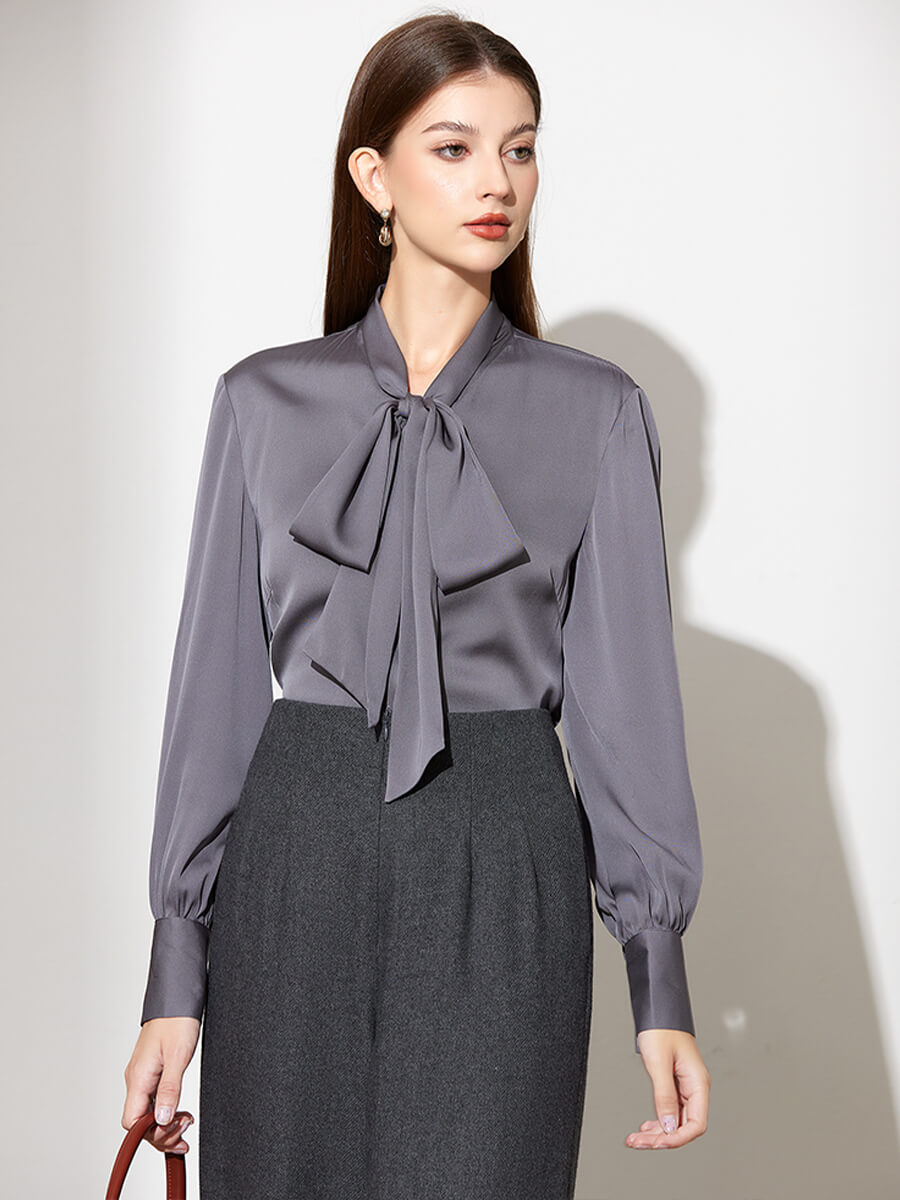 Stretchable Mulberry Silk Bow-Tie Long Sleeve Women Silk Blouse