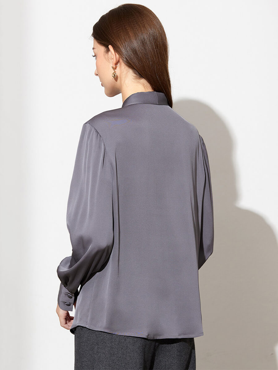 Stretchable Mulberry Silk Bow-Tie Long Sleeve Women Silk Blouse