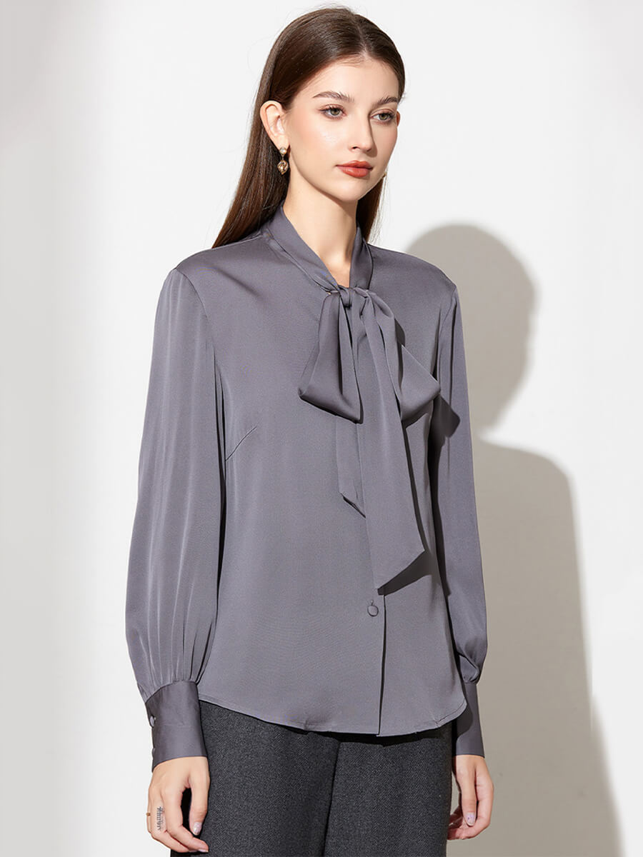 Stretchable Mulberry Silk Bow-Tie Long Sleeve Women Silk Blouse