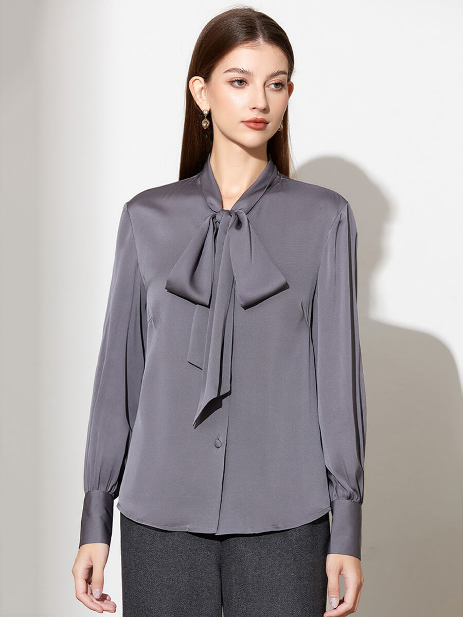 Stretchable Mulberry Silk Bow-Tie Long Sleeve Women Silk Blouse