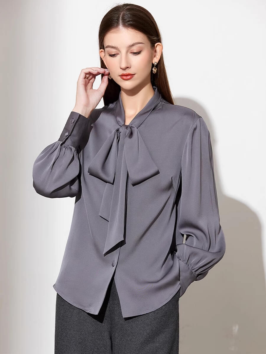 Stretchable Mulberry Silk Bow-Tie Long Sleeve Women Silk Blouse