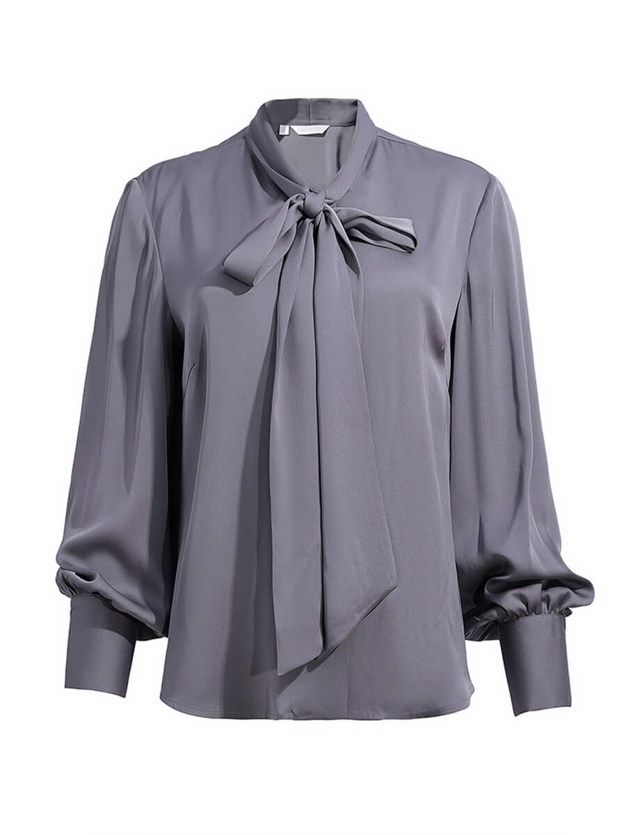 Stretchable Mulberry Silk Bow-Tie Long Sleeve Women Silk Blouse