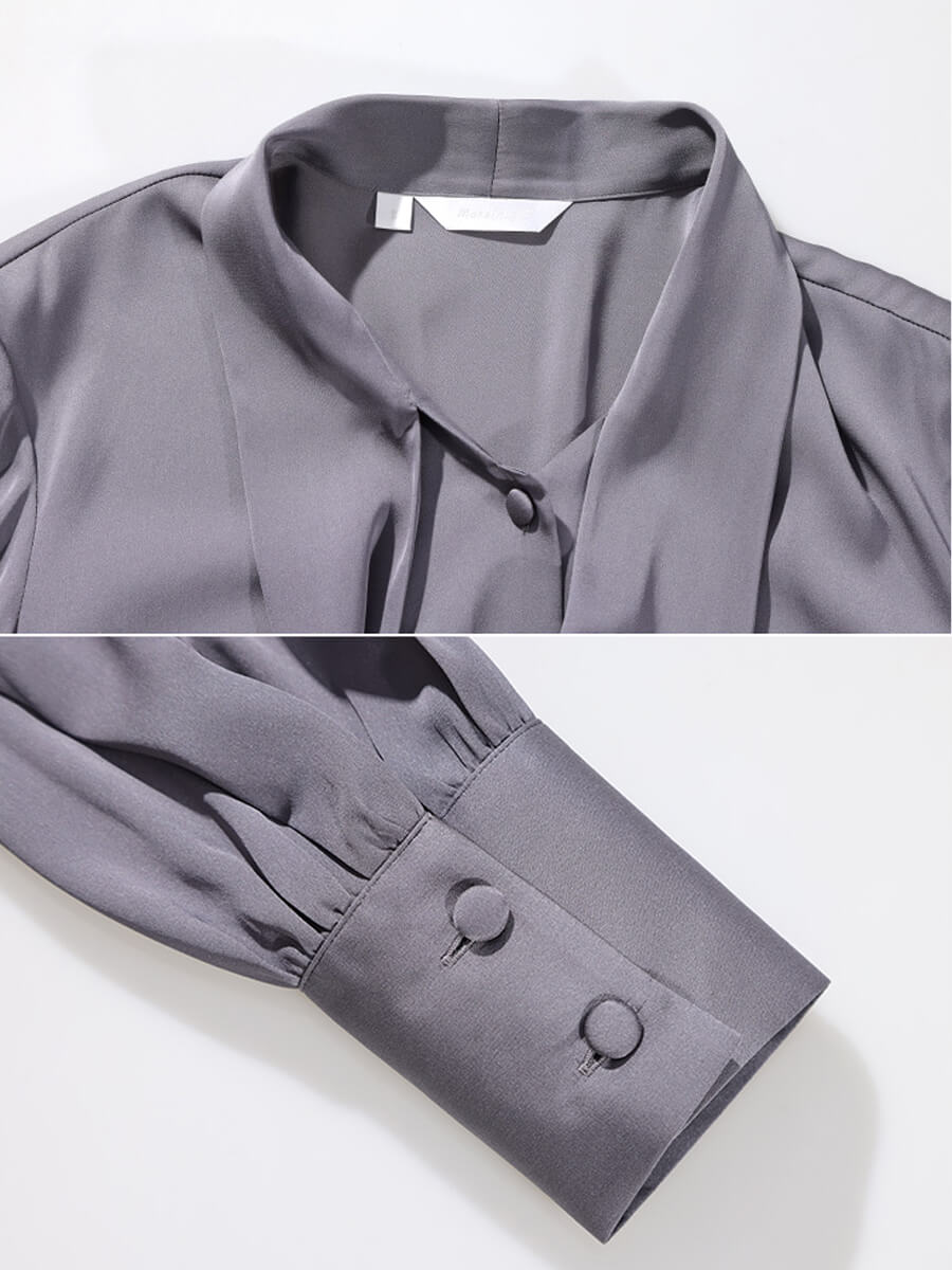 Stretchable Mulberry Silk Bow-Tie Long Sleeve Women Silk Blouse