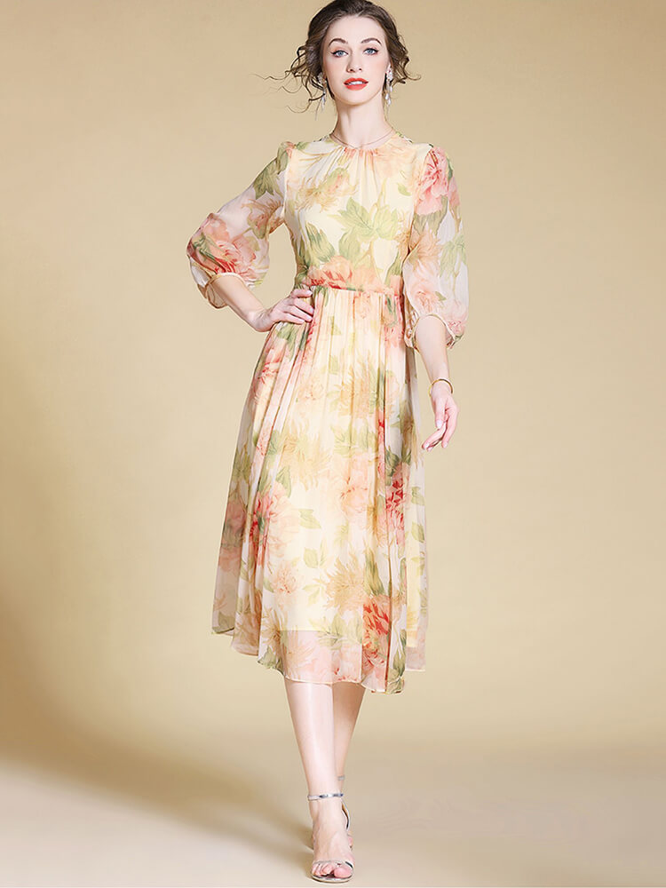 Light Yellow and Pink Floral Long Silk Fairy Dress