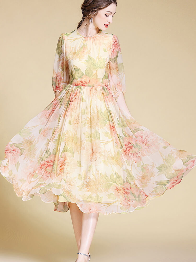 Light Yellow and Pink Floral Long Silk Fairy Dress