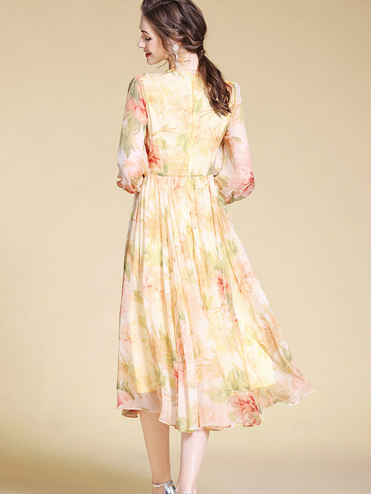 Light Yellow and Pink Floral Long Silk Fairy Dress