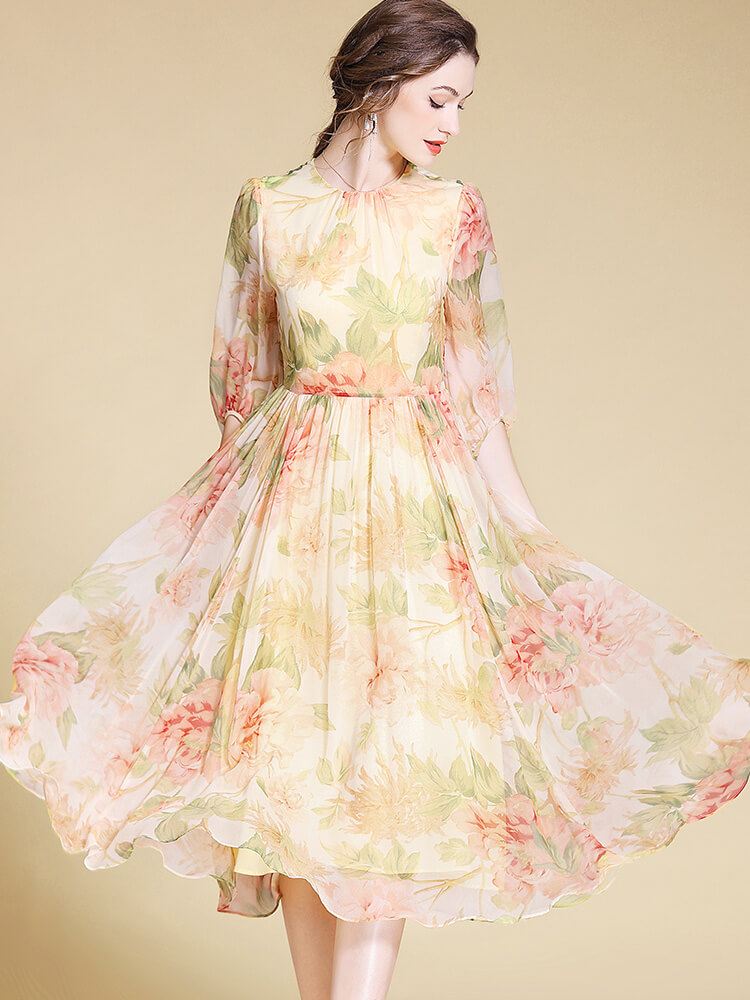 Light Yellow and Pink Floral Long Silk Fairy Dress