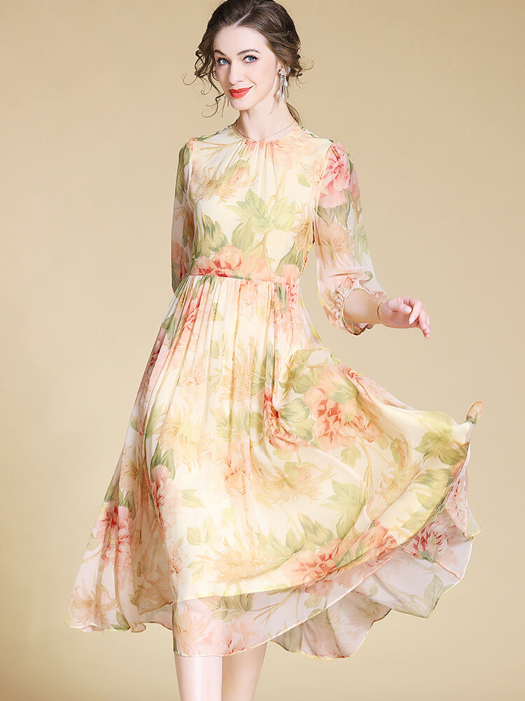 Light Yellow and Pink Floral Long Silk Fairy Dress