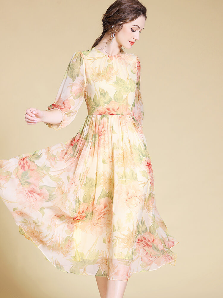 Light Yellow and Pink Floral Long Silk Fairy Dress