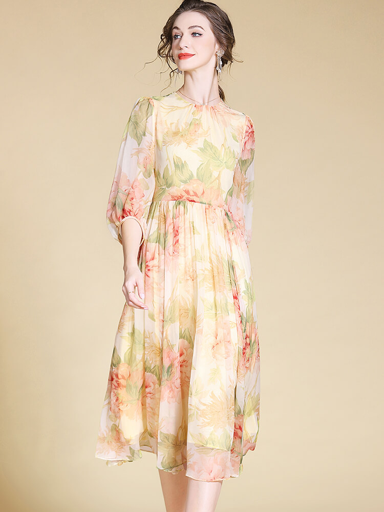 Light Yellow and Pink Floral Long Silk Fairy Dress