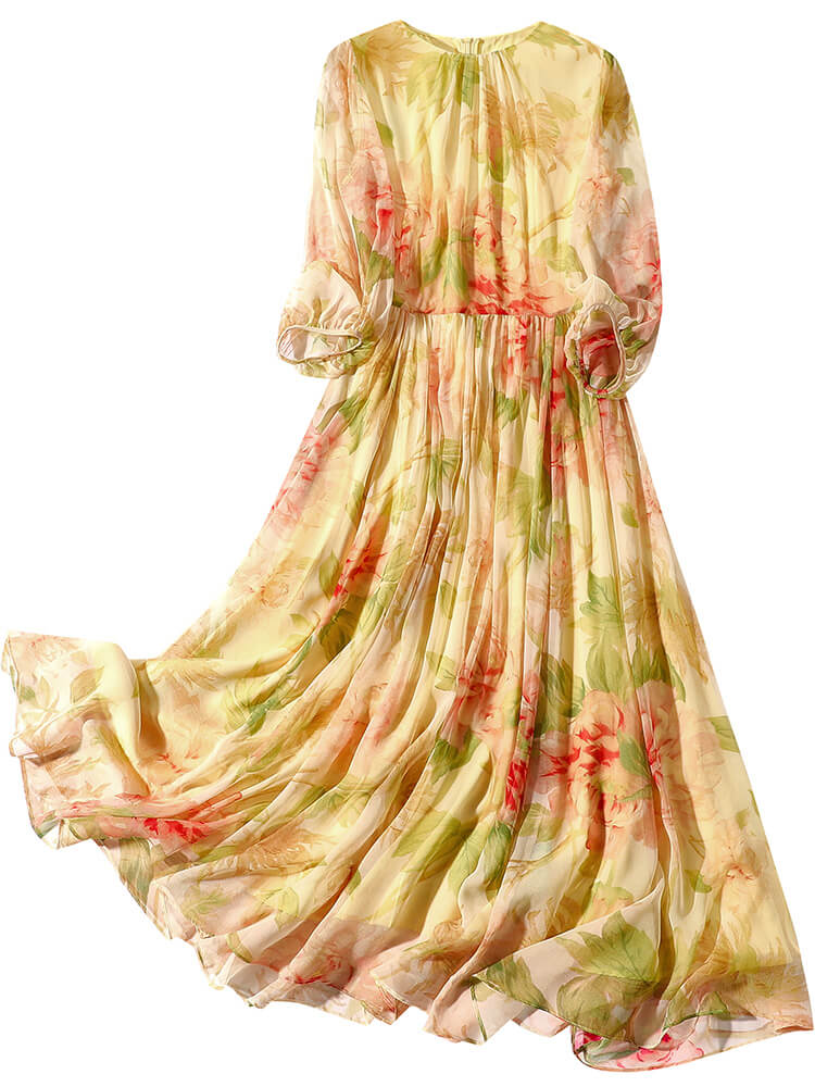 Light Yellow and Pink Floral Long Silk Fairy Dress