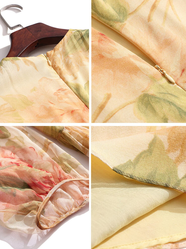 Light Yellow and Pink Floral Long Silk Fairy Dress