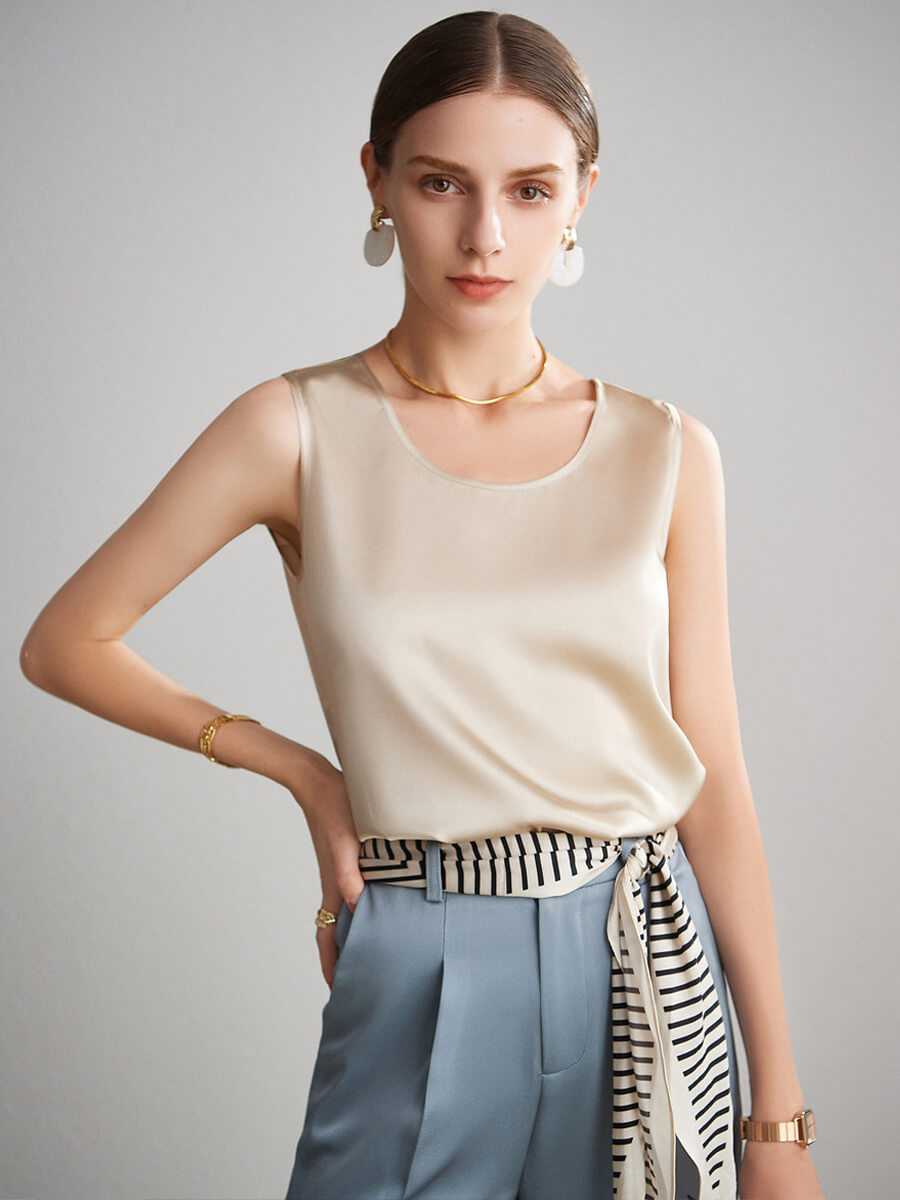 Women Sleeveless Basic Round Neck Silk Tank Top Shirt