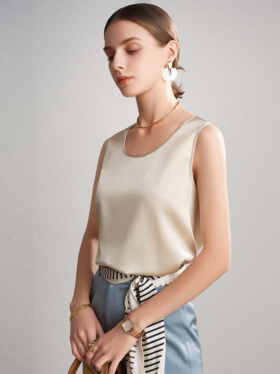 Women Sleeveless Basic Round Neck Silk Tank Top Shirt
