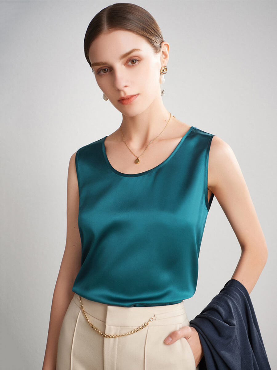 Women Sleeveless Basic Round Neck Silk Tank Top Shirt