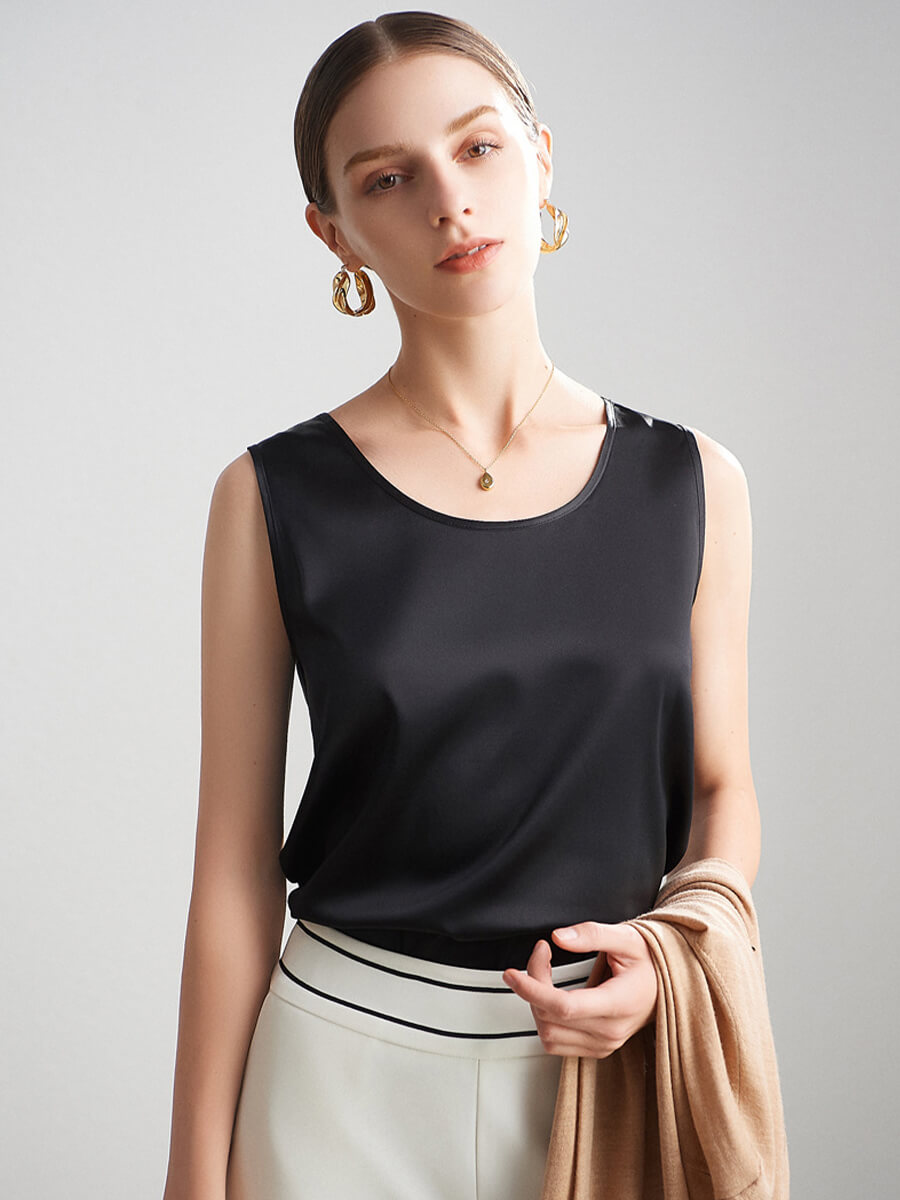 Women Sleeveless Basic Round Neck Silk Tank Top Shirt