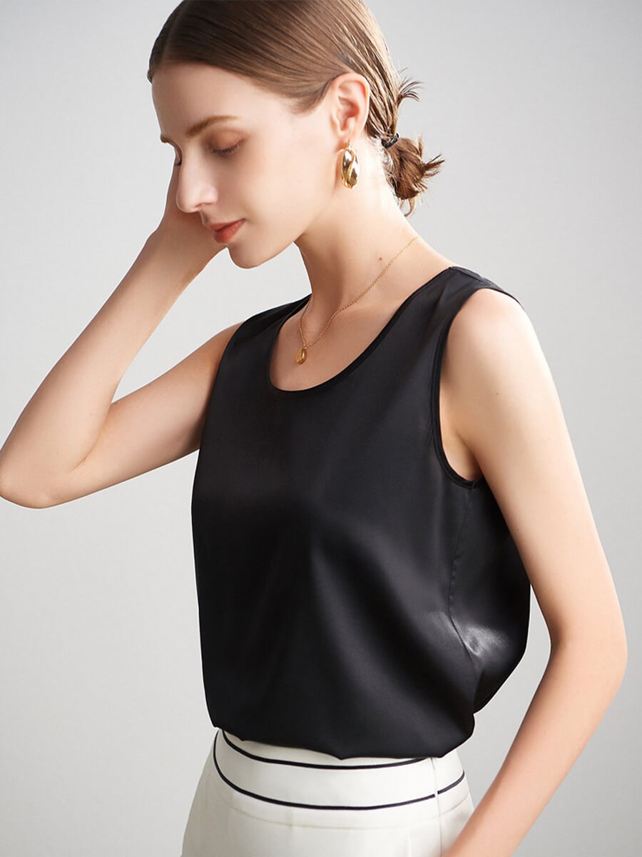 Women Sleeveless Basic Round Neck Silk Tank Top Shirt