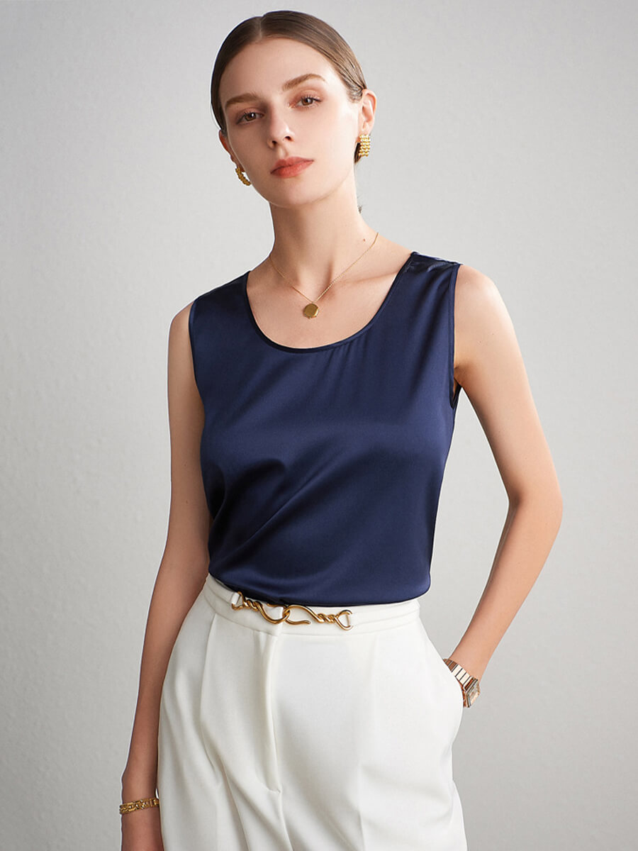 Women Sleeveless Basic Round Neck Silk Tank Top Shirt