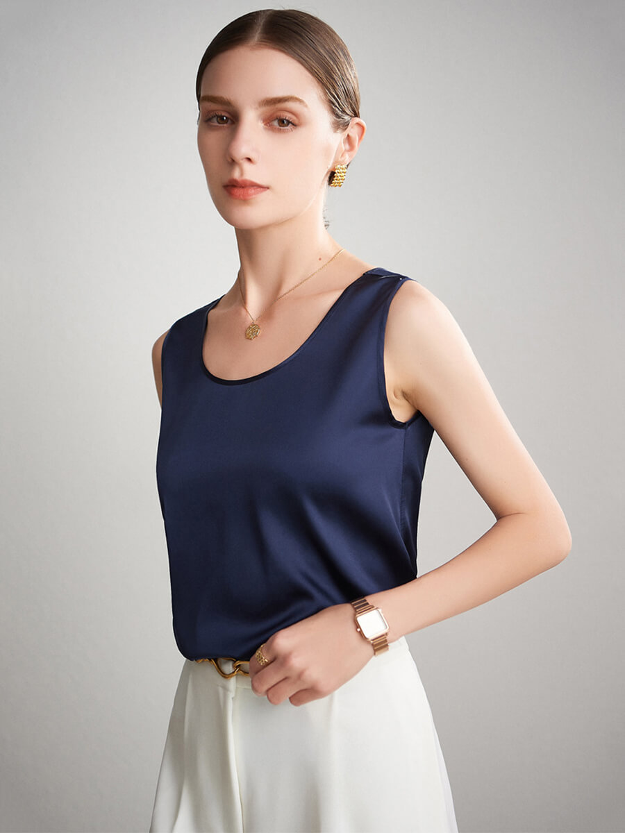 Women Sleeveless Basic Round Neck Silk Tank Top Shirt