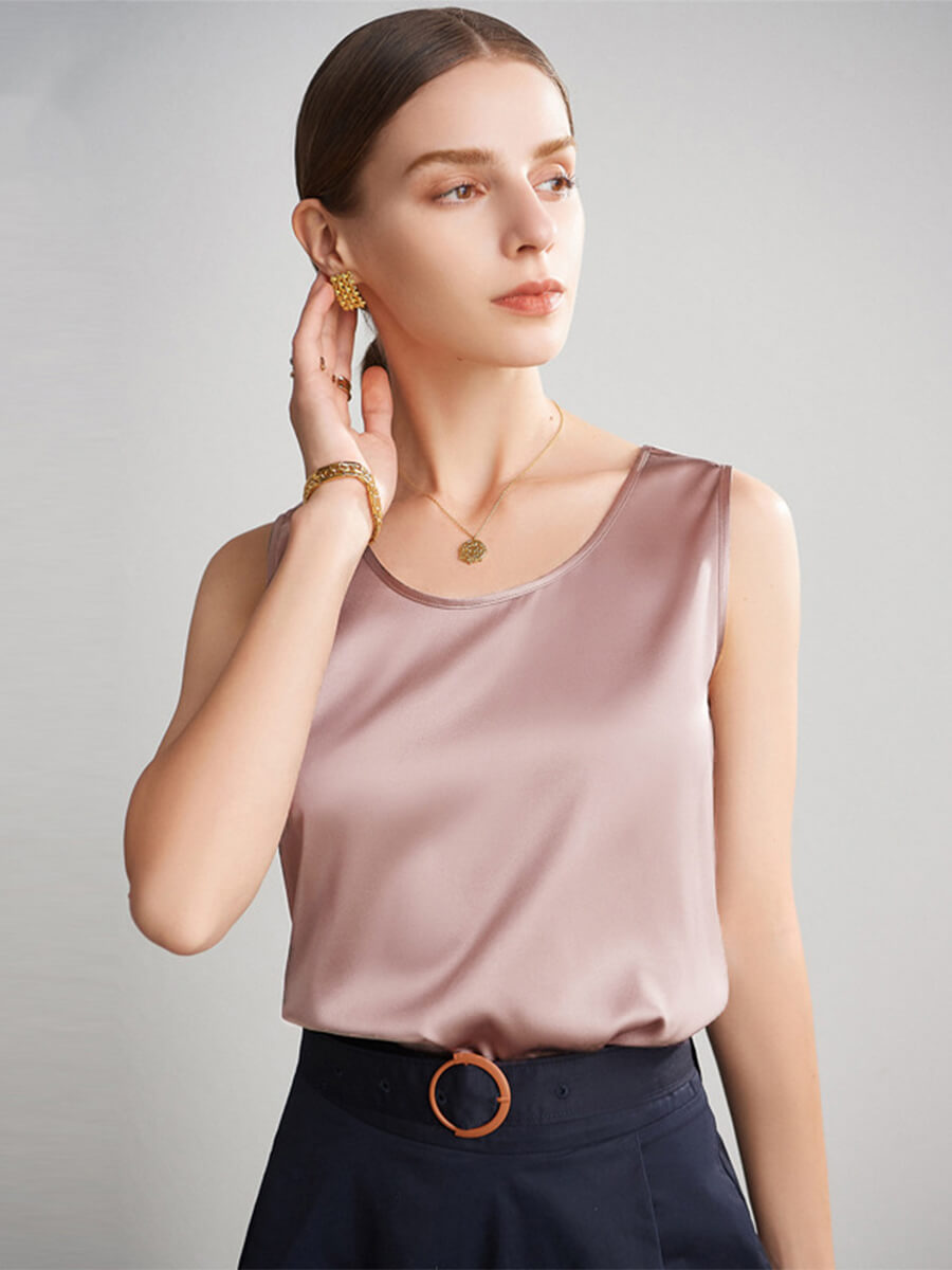 Women Sleeveless Basic Round Neck Silk Tank Top Shirt