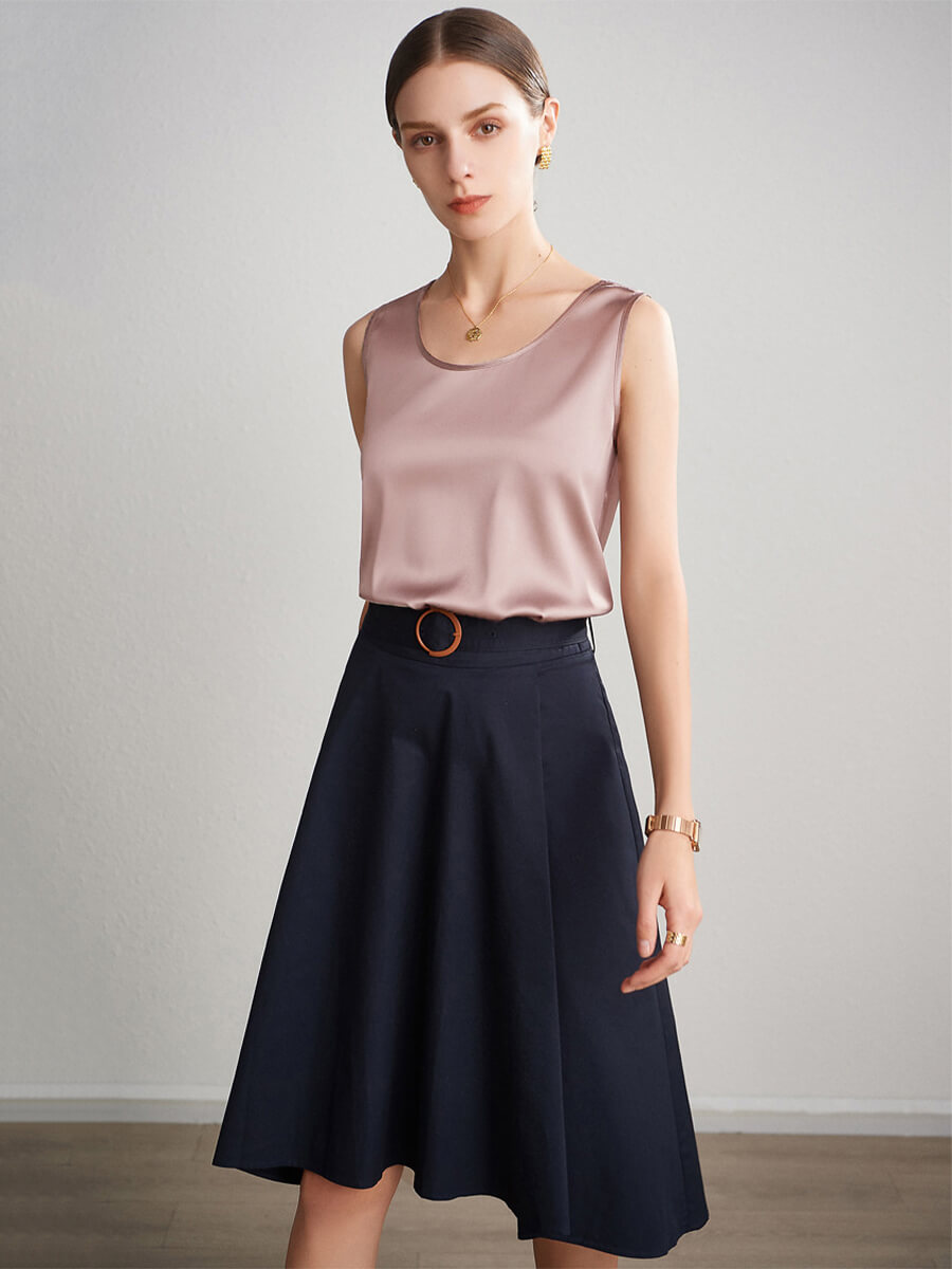 Women Sleeveless Basic Round Neck Silk Tank Top Shirt