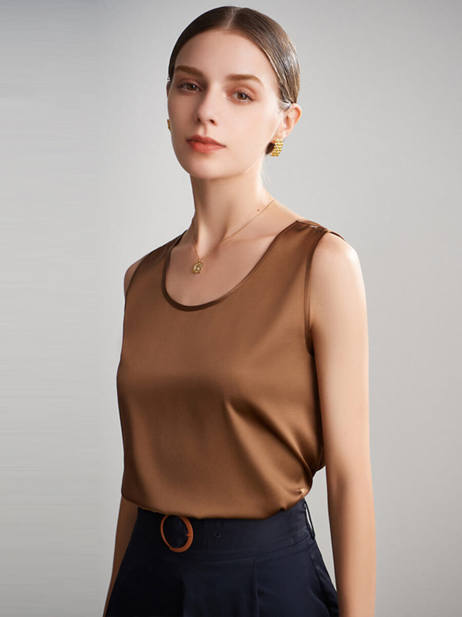 Women Sleeveless Basic Round Neck Silk Tank Top Shirt