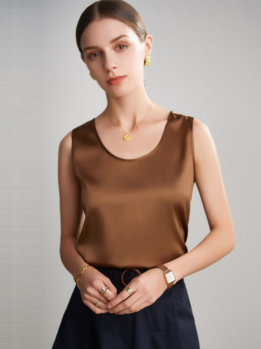 Women Sleeveless Basic Round Neck Silk Tank Top Shirt