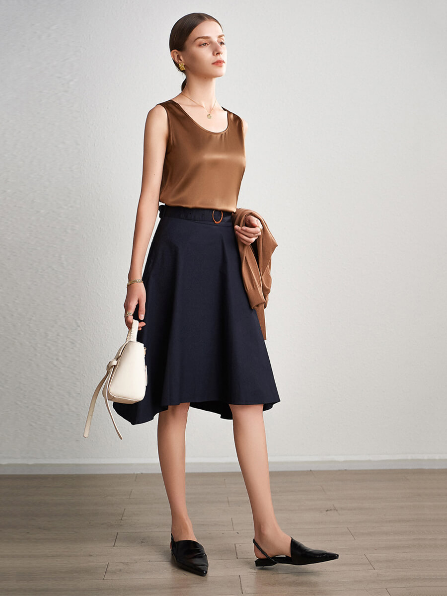 Women Sleeveless Basic Round Neck Silk Tank Top Shirt