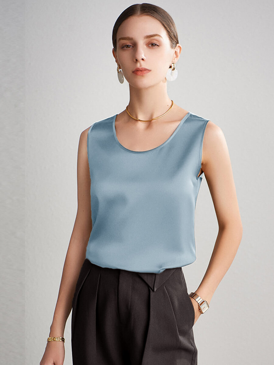 Women Sleeveless Basic Round Neck Silk Tank Top Shirt
