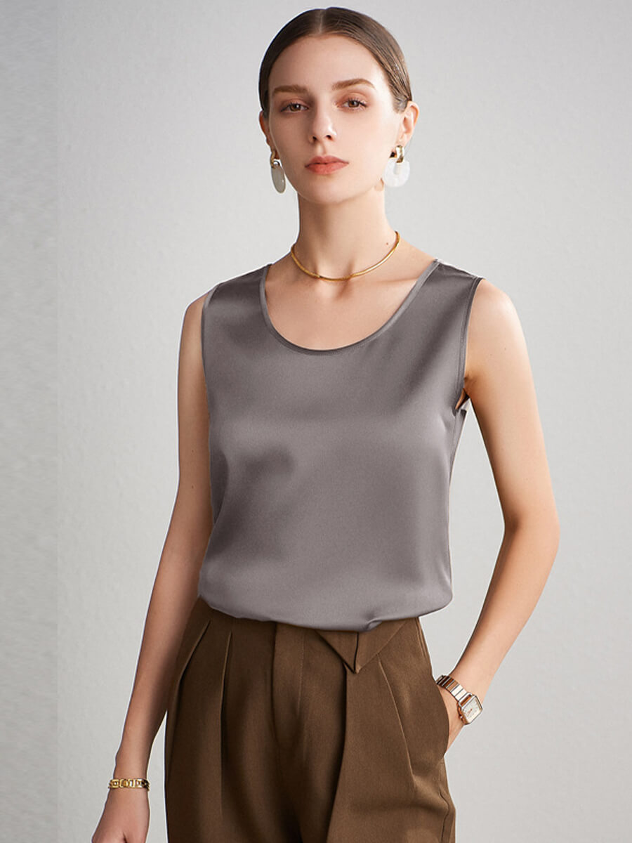 Women Sleeveless Basic Round Neck Silk Tank Top Shirt