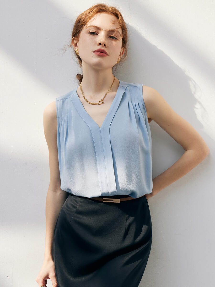 Women Sleeveless Pleated V-Neck Mulberry Silk Shirt