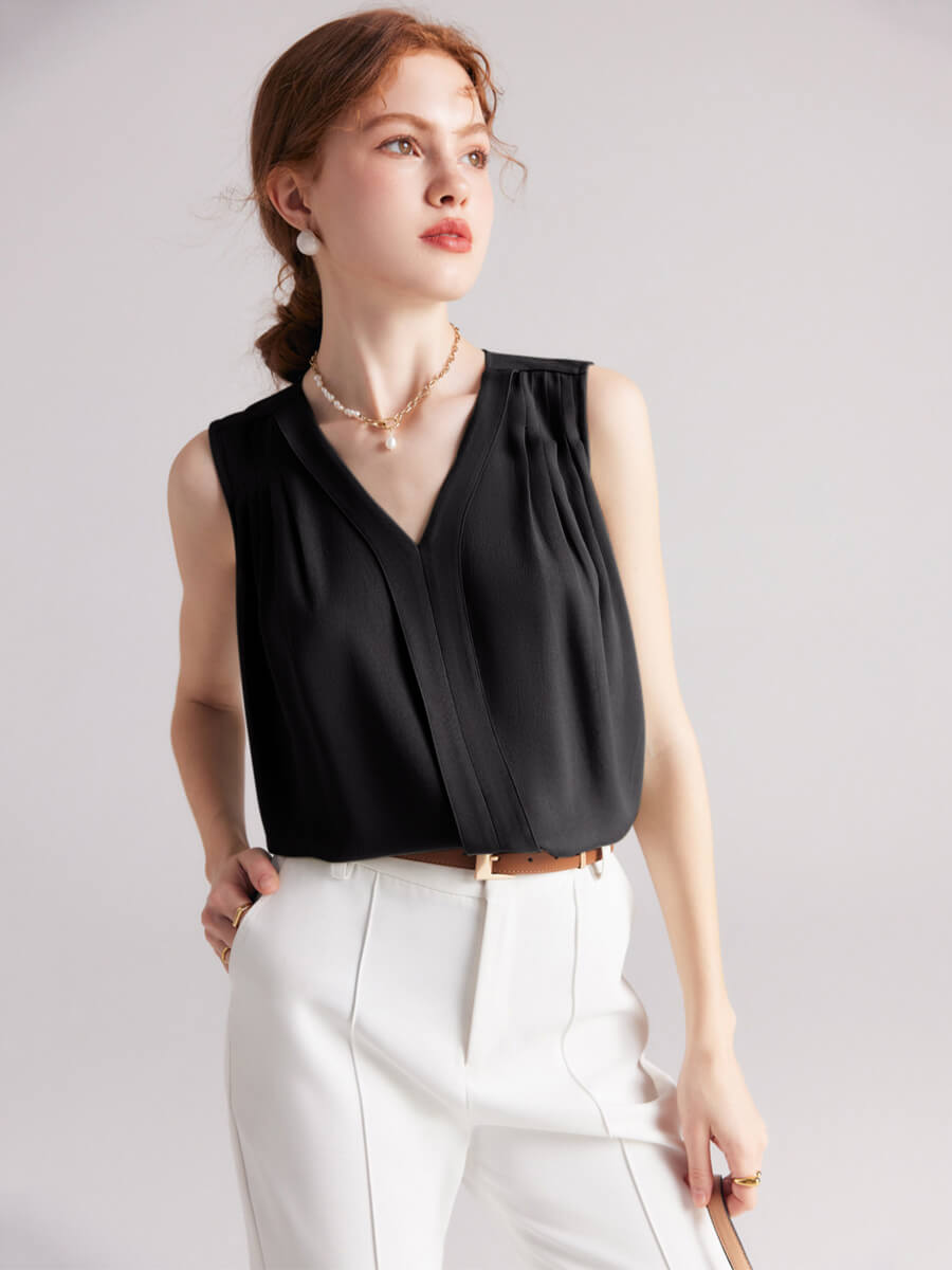 Women Sleeveless Pleated V-Neck Mulberry Silk Shirt