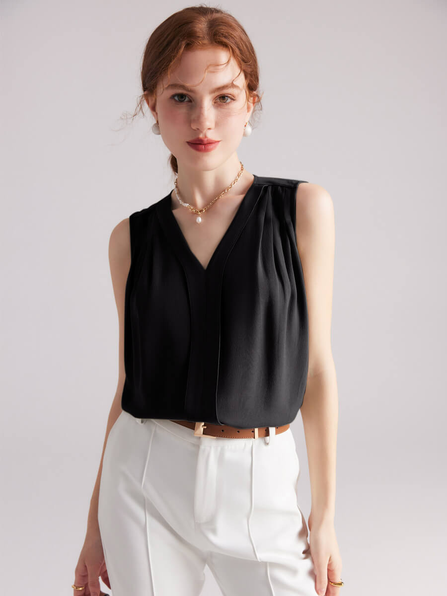 Women Sleeveless Pleated V-Neck Mulberry Silk Shirt