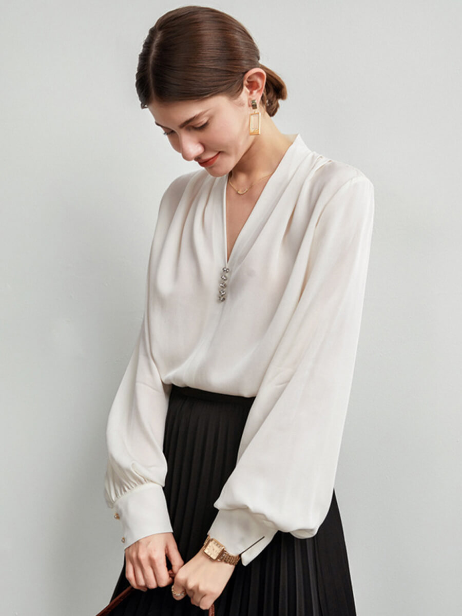 Feminine Long Sleeve V-Neck Silk Blouse with Crystal Buttons
