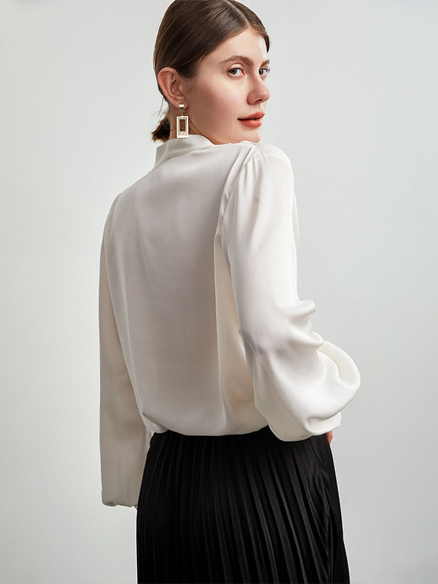 Feminine Long Sleeve V-Neck Silk Blouse with Crystal Buttons