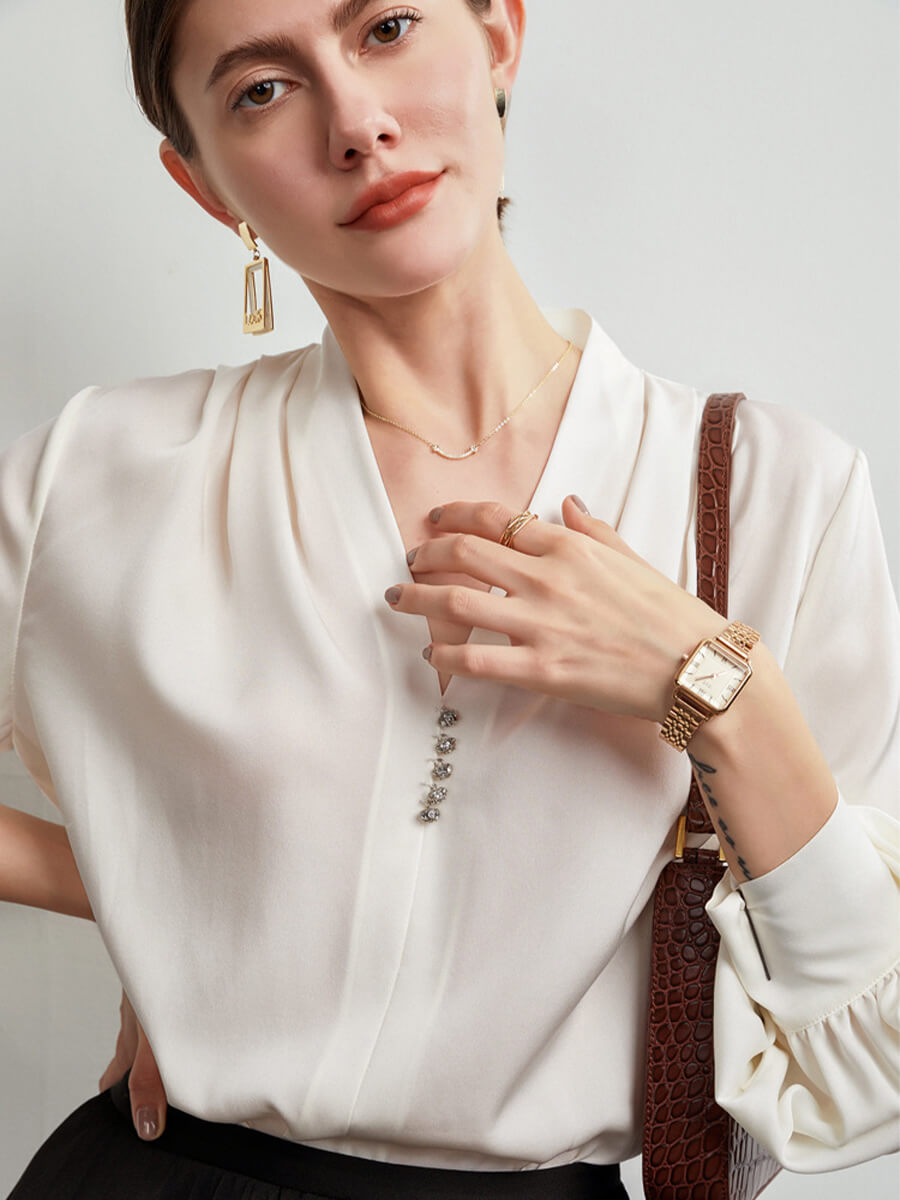 Feminine Long Sleeve V-Neck Silk Blouse with Crystal Buttons
