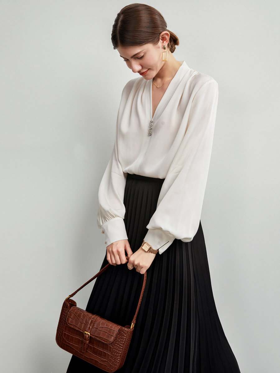 Feminine Long Sleeve V-Neck Silk Blouse with Crystal Buttons