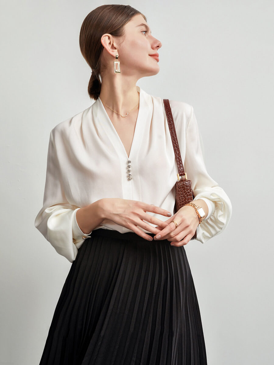 Feminine Long Sleeve V-Neck Silk Blouse with Crystal Buttons