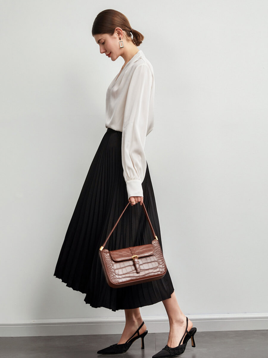 Feminine Long Sleeve V-Neck Silk Blouse with Crystal Buttons