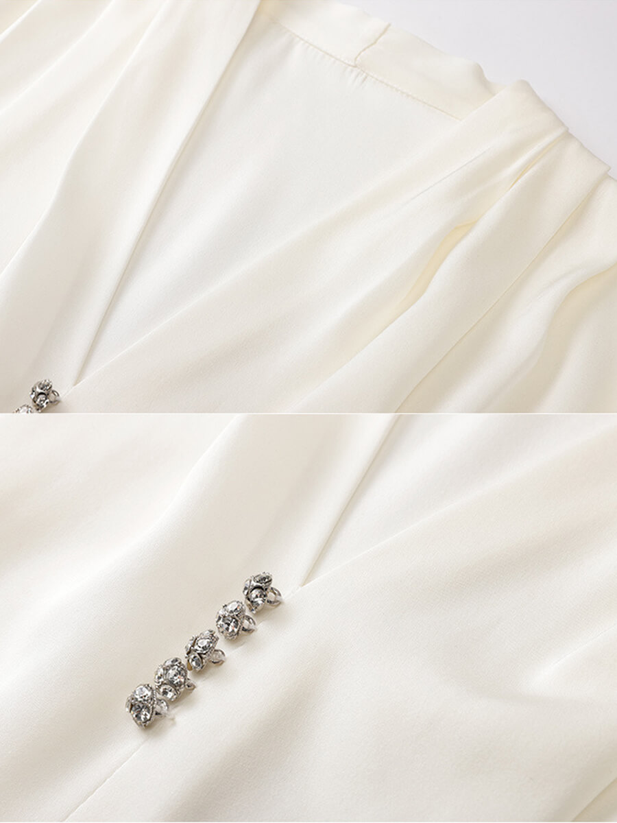 Feminine Long Sleeve V-Neck Silk Blouse with Crystal Buttons