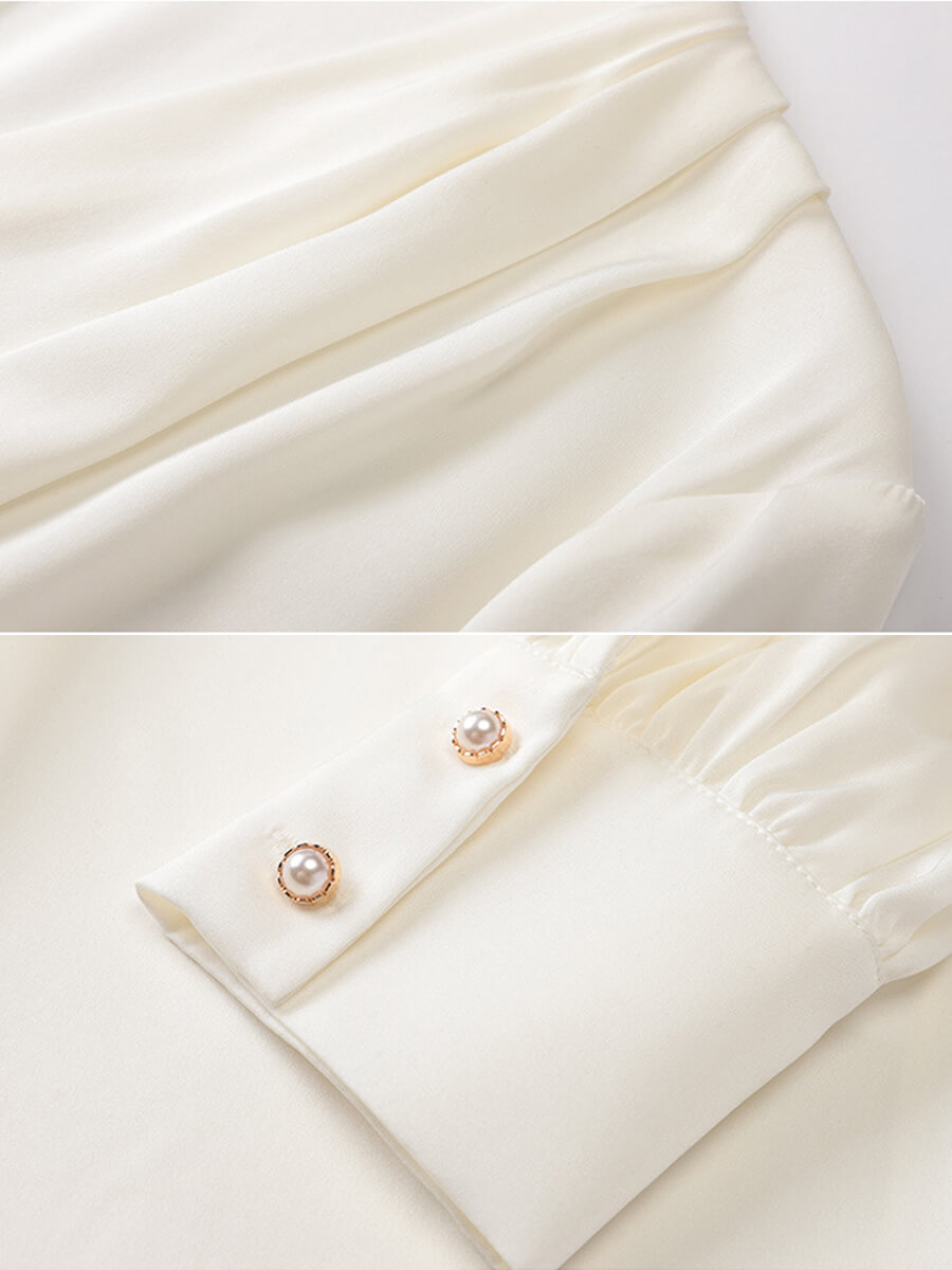Feminine Long Sleeve V-Neck Silk Blouse with Crystal Buttons