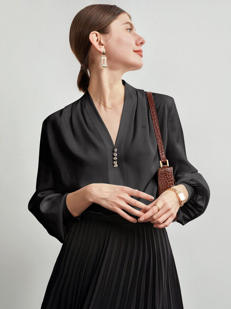 Feminine Long Sleeve V-Neck Silk Blouse with Crystal Buttons
