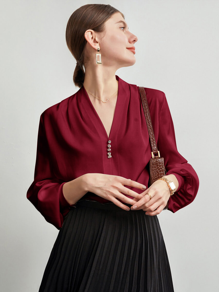Feminine Long Sleeve V-Neck Silk Blouse with Crystal Buttons