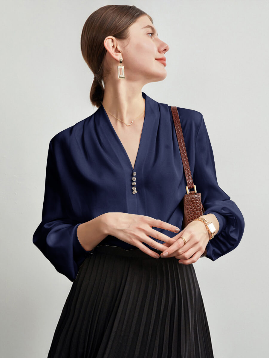 Feminine Long Sleeve V-Neck Silk Blouse with Crystal Buttons