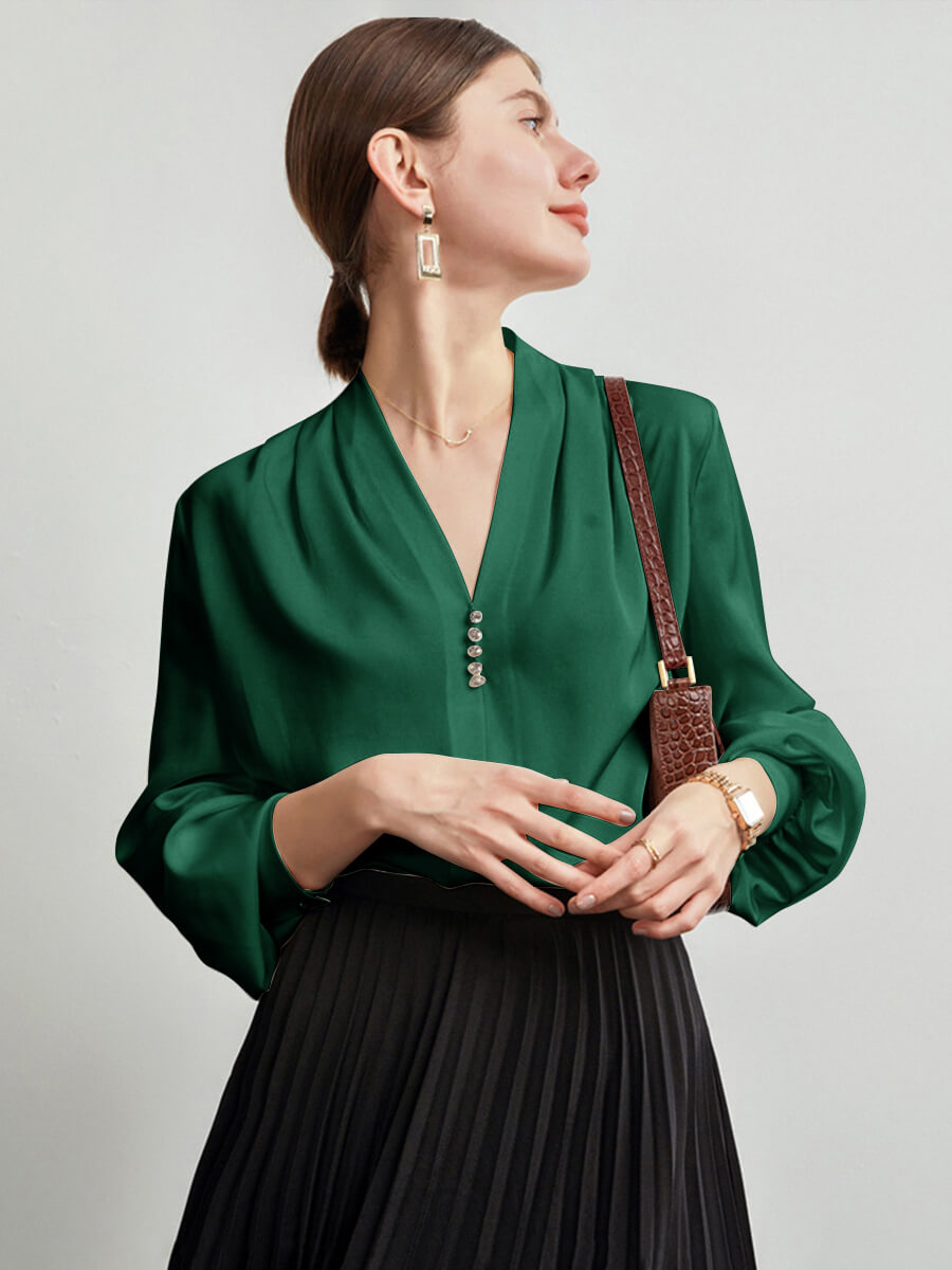 Feminine Long Sleeve V-Neck Silk Blouse with Crystal Buttons