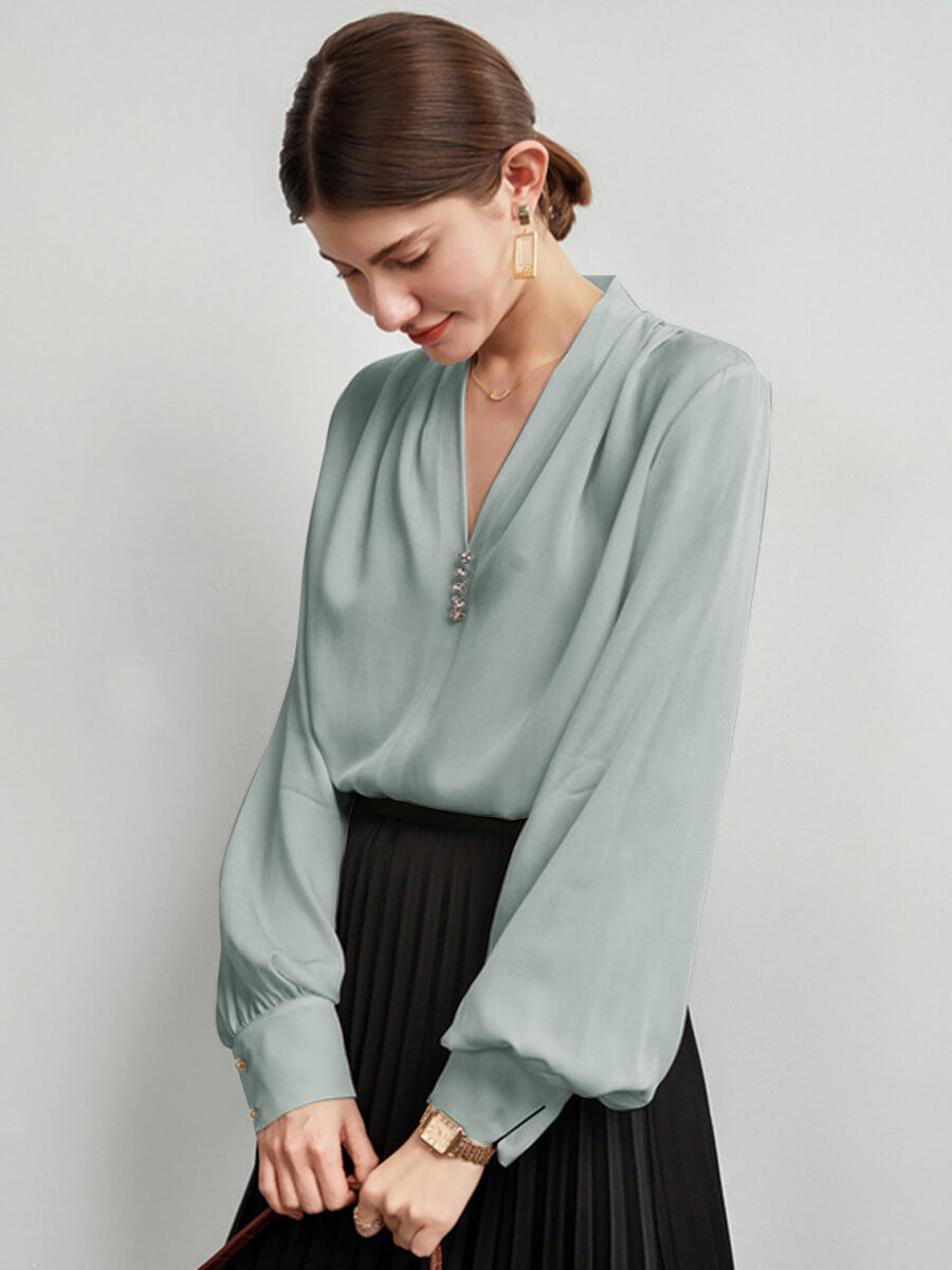 Feminine Long Sleeve V-Neck Silk Blouse with Crystal Buttons