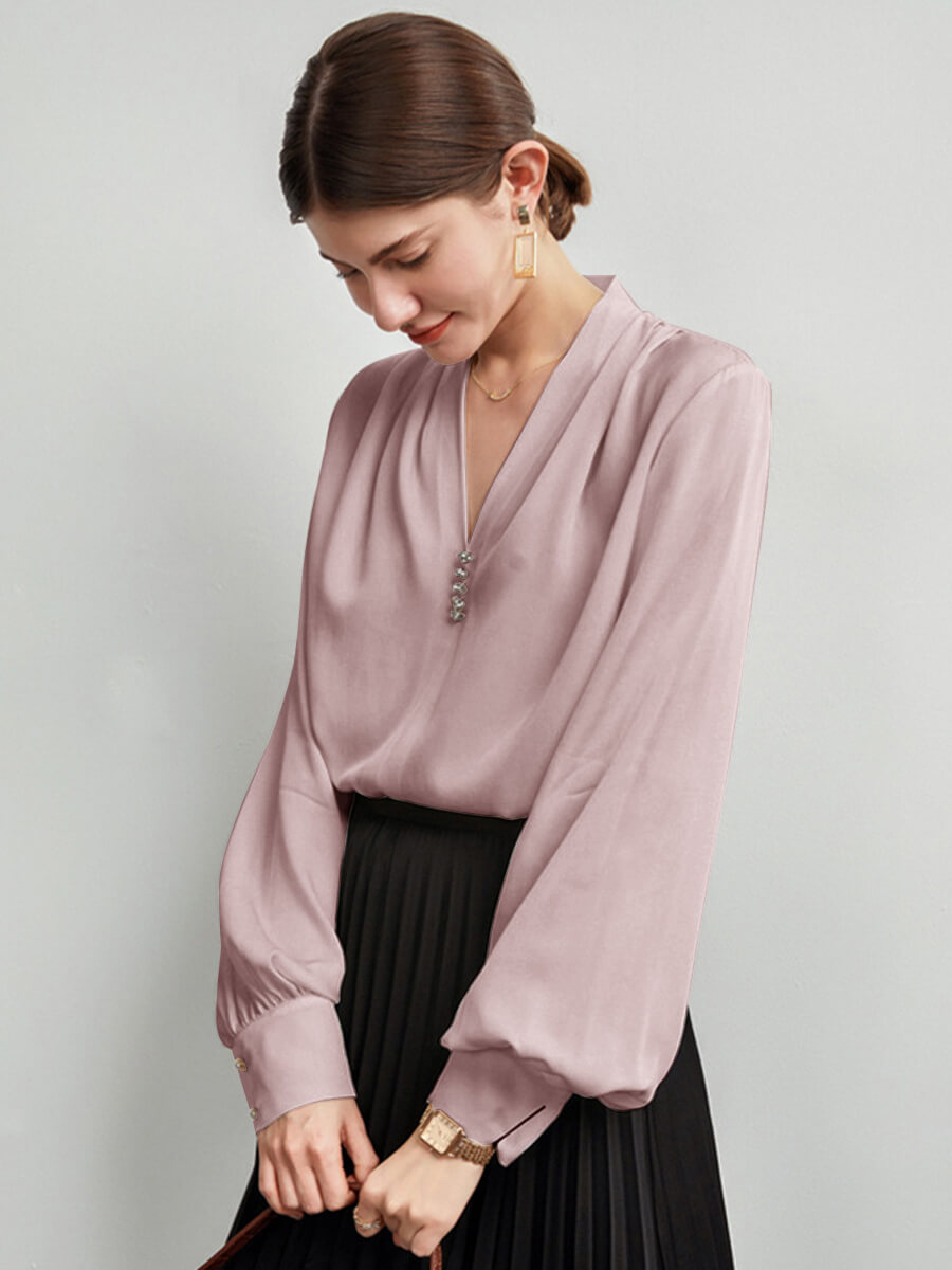 Feminine Long Sleeve V-Neck Silk Blouse with Crystal Buttons